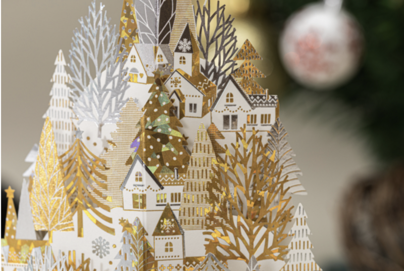 3D Pop up Christmas card gold white houses on a snow hill