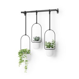 Three hanging planters with black metal frame, white ceramic pots, modern minimalist style, suspended design for indoor plants.