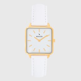 A square-shaped gold-tone watch with a white leather strap and a minimalist dial design.
