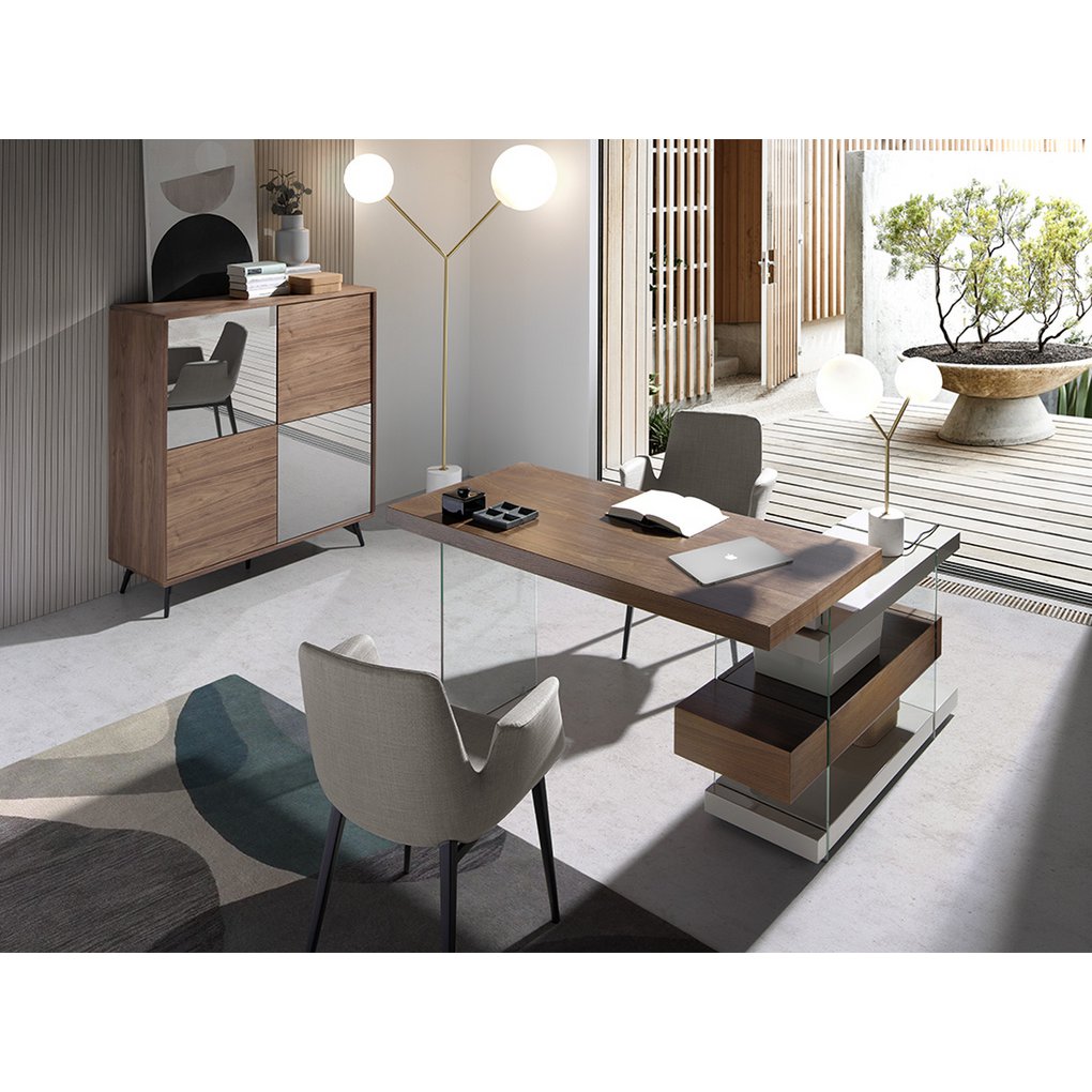 Walnut wood desk and tempered glass