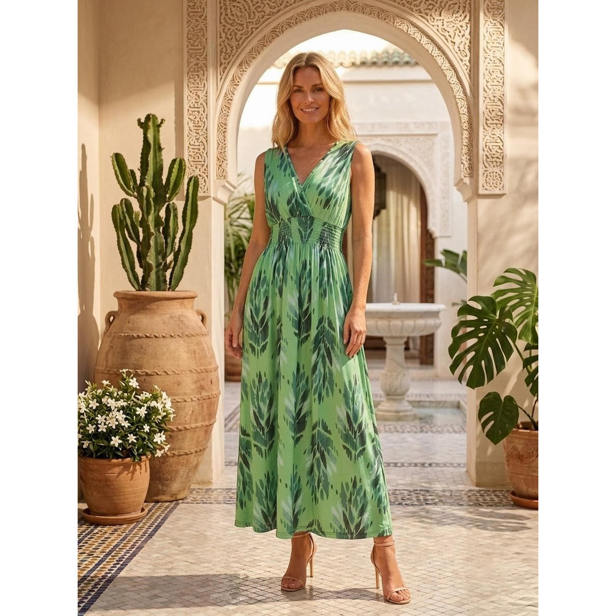 Sukienka maxi „Letnia” – artystyczny nadruk Ikat i marszczenie w talii – 602-57