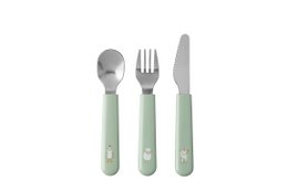  Green children's cutlery set with farm animals, three-piece spoon fork knife, soft handles