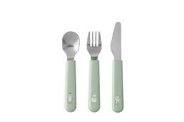 Green children's cutlery set with farm animals, three-piece spoon fork knife, soft handles