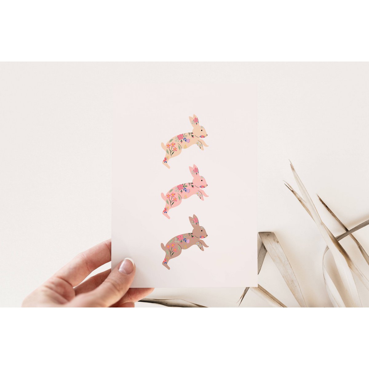 Carte de Pâques - lapins, carte de lapins floraux, lapins boho, carte postale Joyeuses Pâques, carte A6