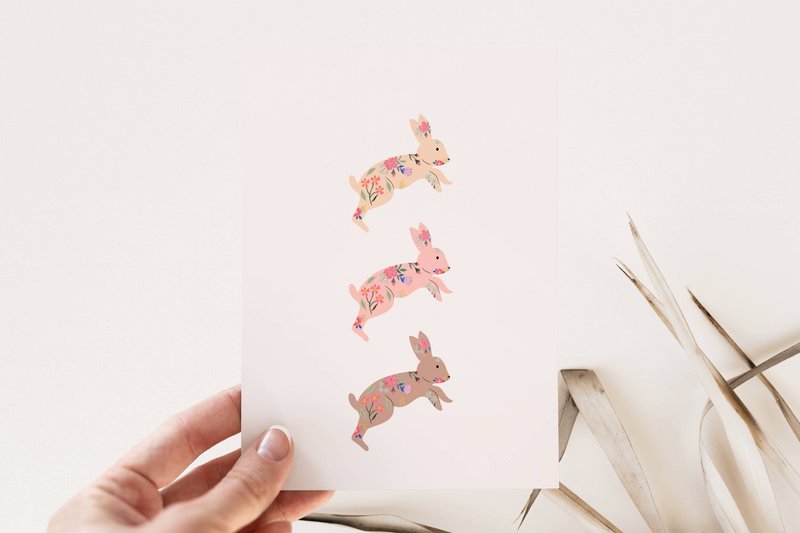 Carte de Pâques - lapins, carte de lapins floraux, lapins boho, carte postale Joyeuses Pâques, carte A6