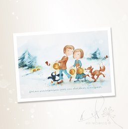 Warm winter greeting card with illustrated children and woodland animals in a snowy scene.