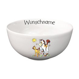 Porridge bowl with horses and optional custom name. Ceramic bowl in white color with horse and foal illustration. Suitable for breakfast cereal, oatmeal, or other food items.