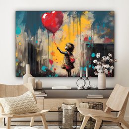 Canvas schilderij  - Wanddecoratie Meisje - Ballon - Hart - Graffiti - Muurdecoratie woonkamer - Slaapkamer decoratie - Kamer accessoires - Schilderijen op canvas