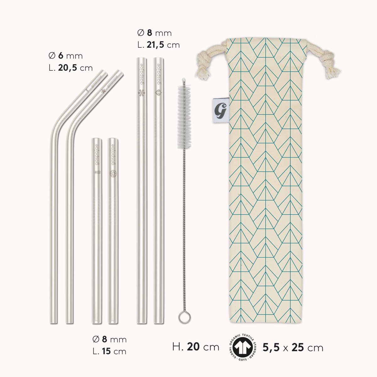 Set of 6 Gaspajoe stainless steel straws - 2 cubits, 2 smoothies, 2 cocktails with brush in organic cotton pouch
