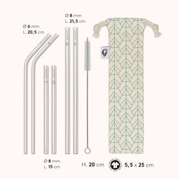 Set of 6 stainless steel straws in 3 sizes (2 cubits, 2 smoothies, 2 cocktails) with a cleaning brush, stored in an organic cotton pouch.