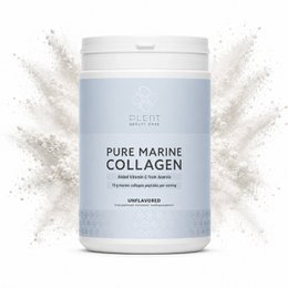 Pure marine collagen powder, light blue container, vitamin C supplement, unflavored nutritional product.
