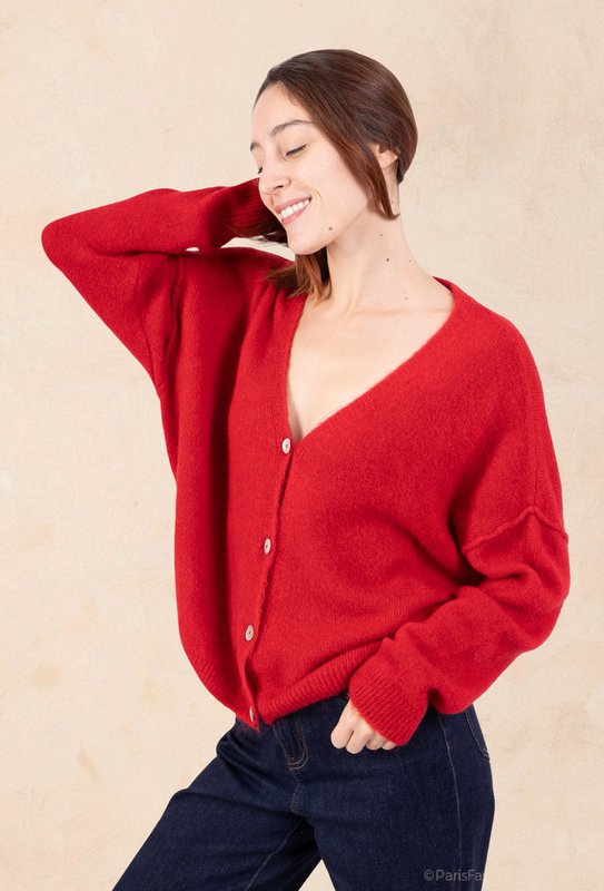 Dame cardigan - Premium kvalitet - Blød strik dyb V-hals med knapper - ALPACA/ULD - 23050