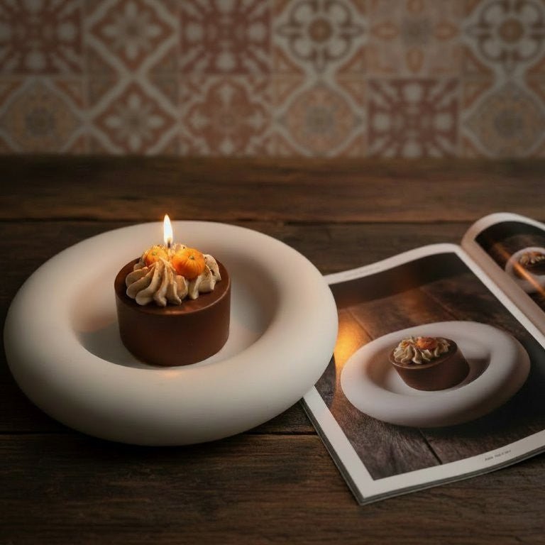 LAVURI Spicy Pumpkin Gourmet Dessert scented Candle, handmade, soy wax, including a sculptural stoneware plate, limestone, white, Duftkerze