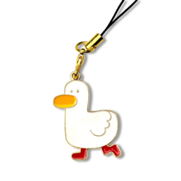 Metal keychain with a cute duck charm. The duck charm is made of metal with a yellow body, white wings, and red feet. The keychain has a gold-colored metal ring and a black cord.