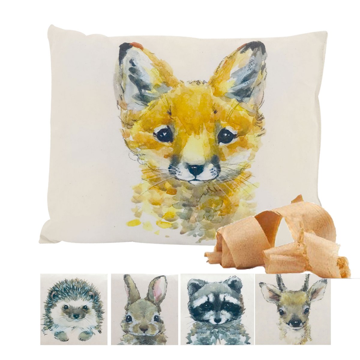 10 grenen kussens display: egel, vos, hert & Co. | 100% grenen | Natuurcadeauset | Kalmerend natuurlijk kussen met bosdiermotieven