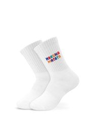 White kids socks with colorful "Hakuna Matata" and "No Worries" text prints.