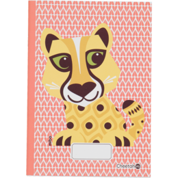 A5 notebook with a cheetah design. The notebook has a yellow cheetah face with large eyes and spots on a pink and white patterned background.