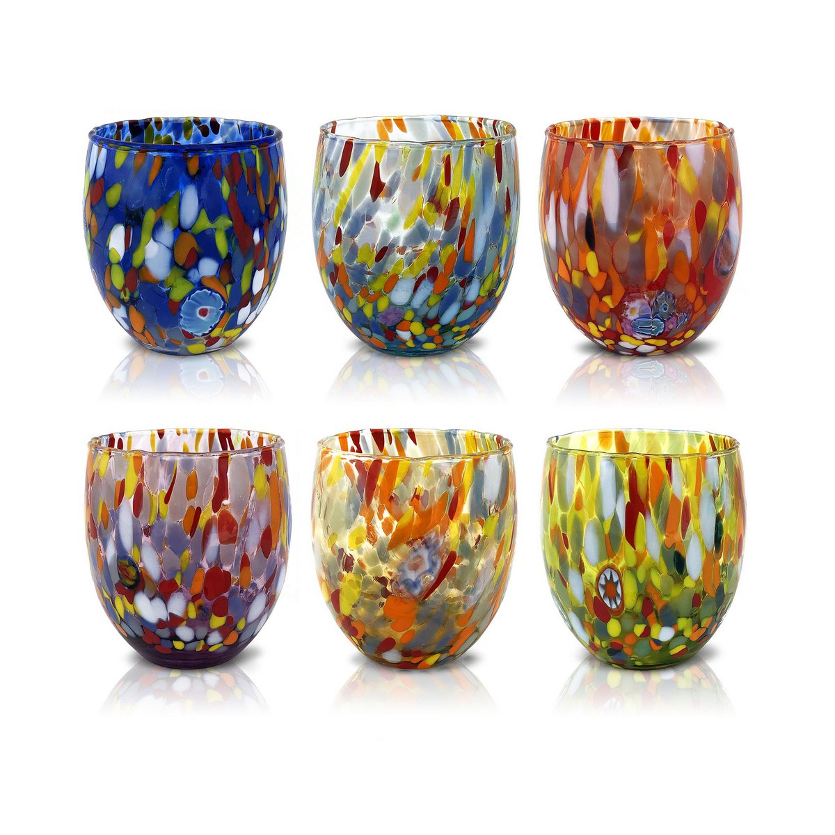 Klassieke waterglazen van handgeblazen en handgemaakt glas met Murano Murrine, lijn “I Colori di Murano”, 320 ml. Gemaakt in Italië