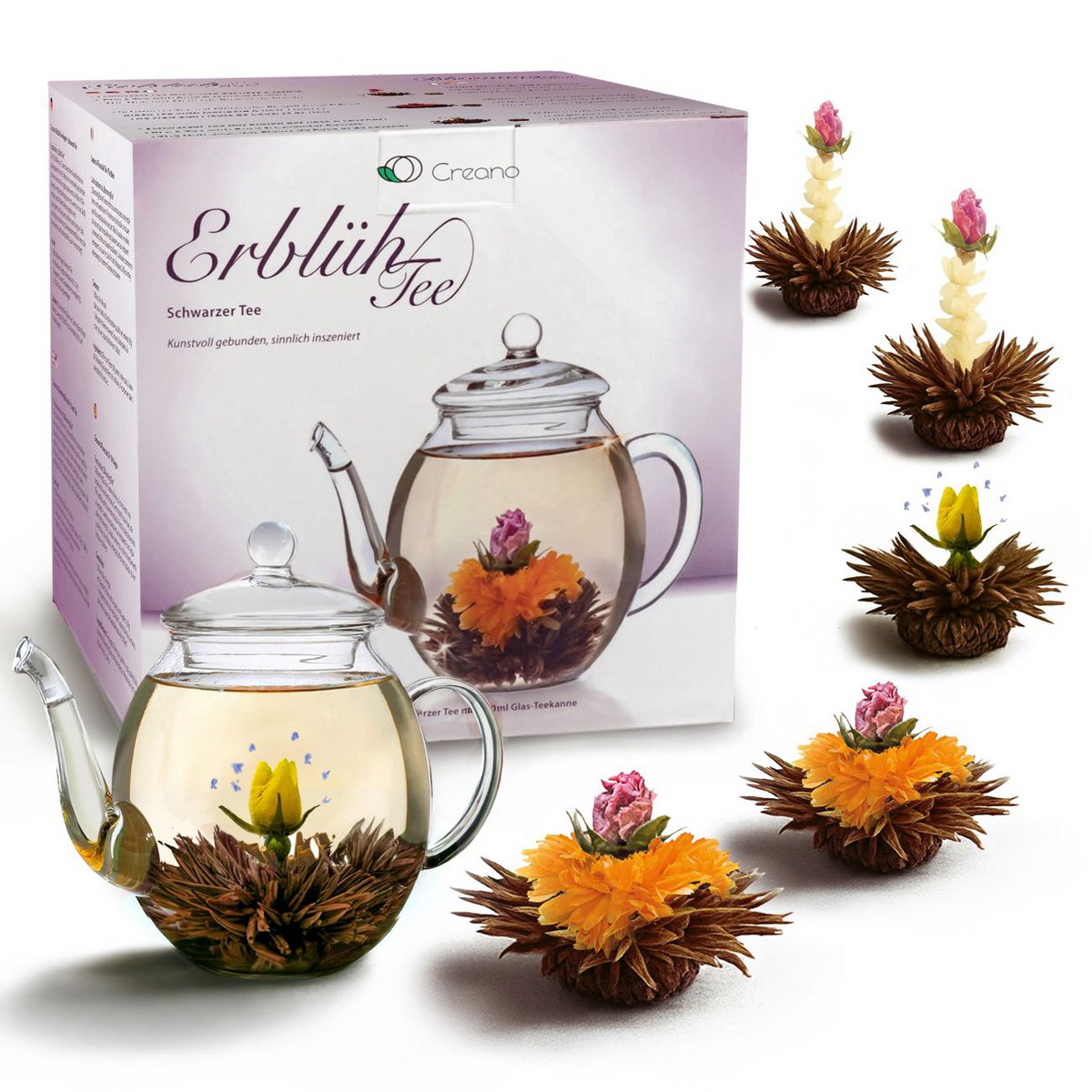Creano Erblühtee-Geschenkset Schwarztee mit Glaskanne