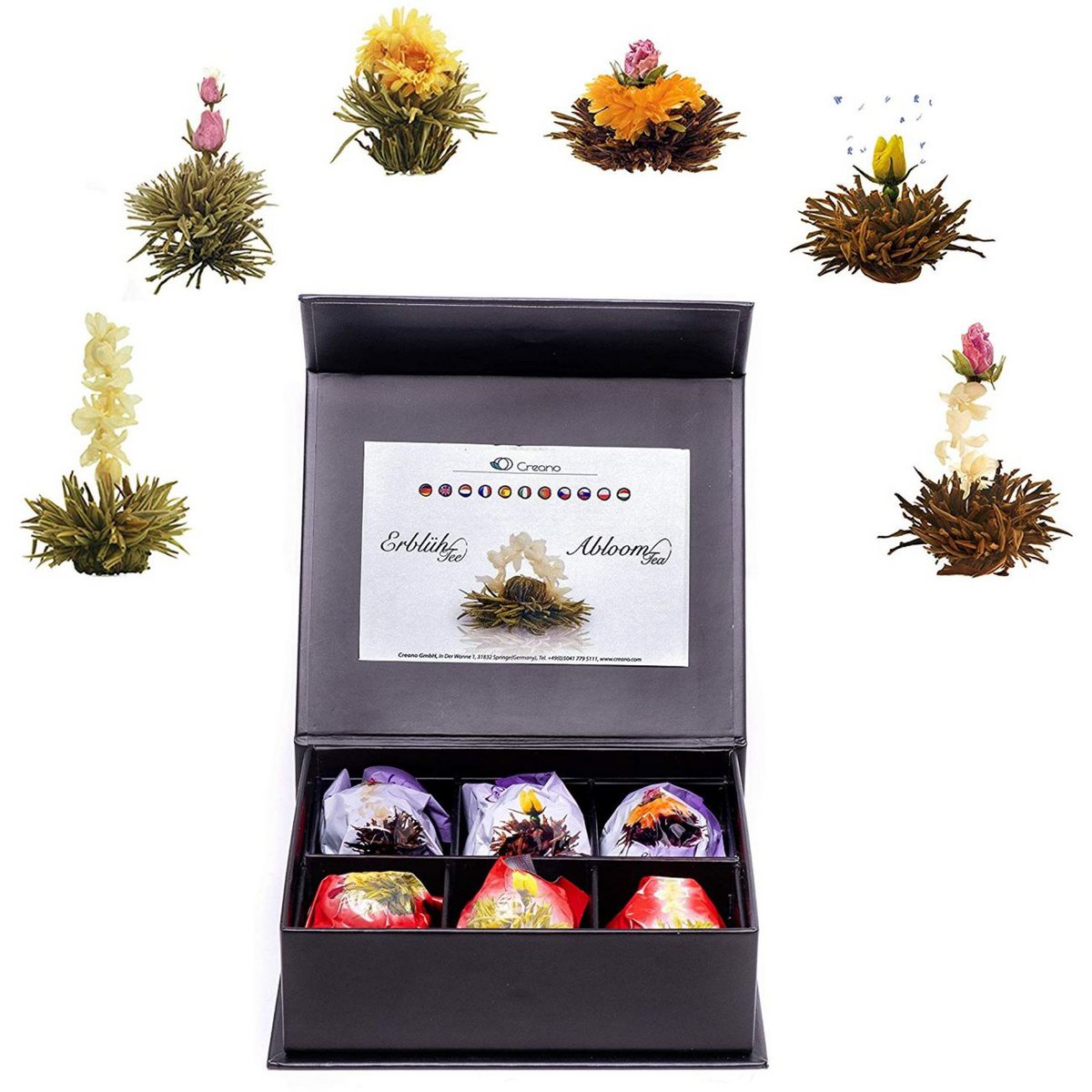 Magnetische doos met 6 bloeiende thee, zwarte thee en witte thee