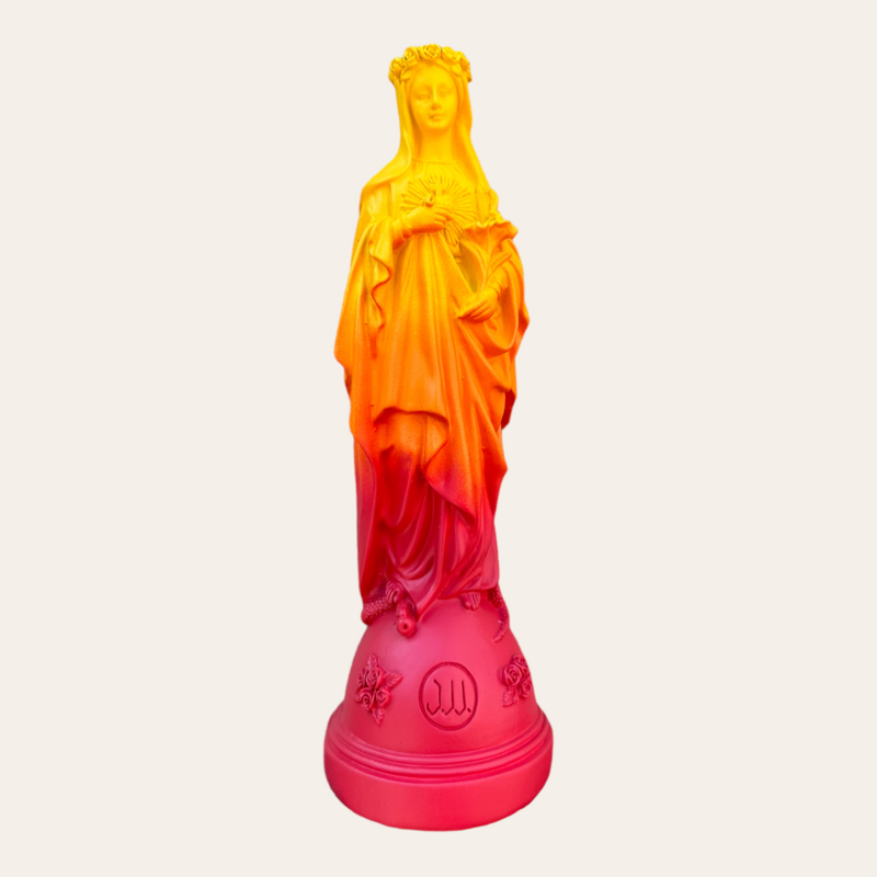 Marie statuette with Tie and Dye colored flowers