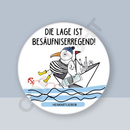 Bottle opener with magnet featuring a humorous cartoon design of a person in a boat with the text "The situation is drunking" in German.