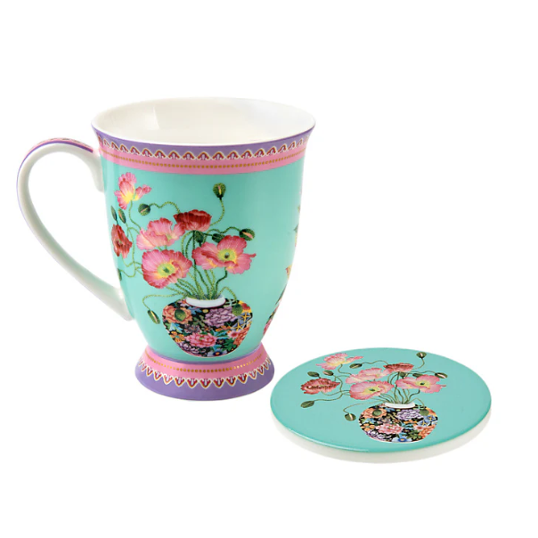 M&W Jardin Mug 300ml & Coaster, Poppy Blue, giftbox