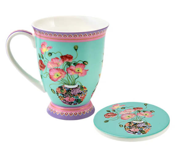 M&W Jardin Mug 300ml & Coaster, Poppy Blue, giftbox