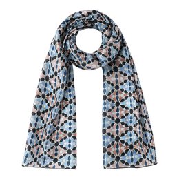  Multicolor habotai silk scarf with a geometric pattern in shades of blue, gray, and orange. Lightweight and versatile for year-round wear.