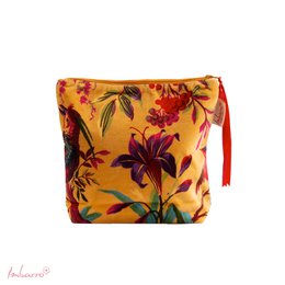 A yellow makeup pouch with a vibrant floral and bird print design. The pouch features a red ribbon accent and is suitable for storing cosmetics, toiletries, or small personal items.