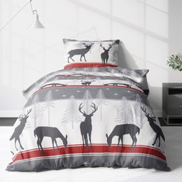 Cozy Christmas-themed bed linen set in gray and red featuring deer silhouettes. Includes a 155x220cm duvet cover and matching pillowcases.