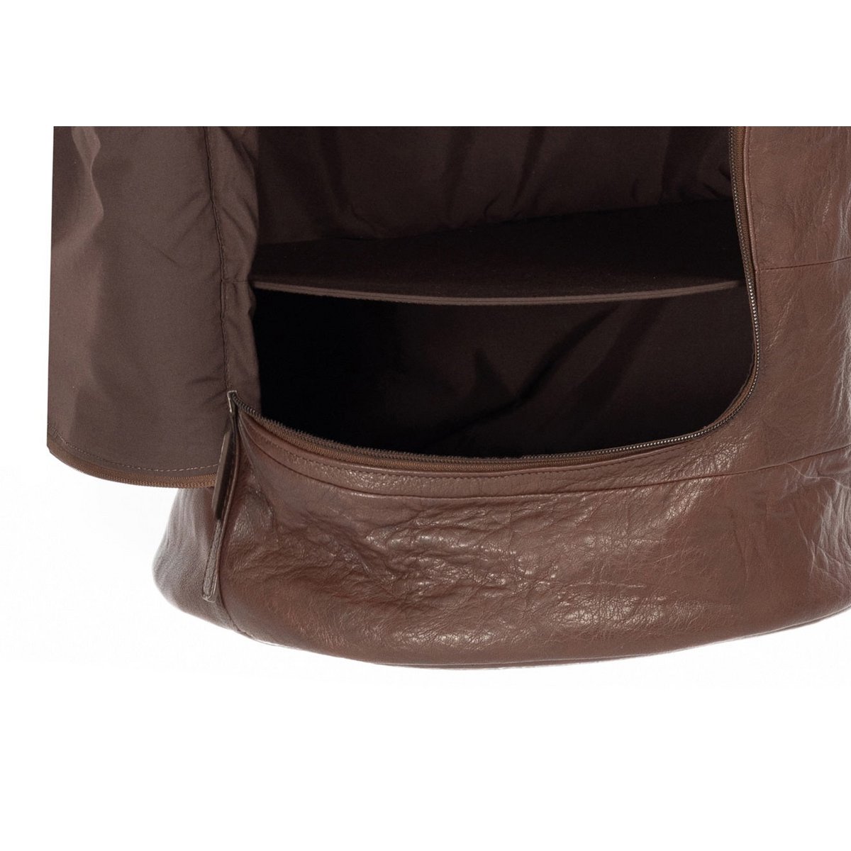 K0036BB | Boxsackbehälter aus echtem Leder, vollnarbig, Rüschen – dunkelbraune Farbe – Zubehör aus poliertem Nickel. Abmessungen: 35 x 35 x 120 cm – Verpackung: TNT-Beutel