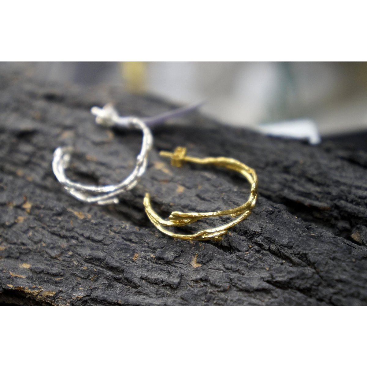 Silver Branch Earrings, Gold-Plated Sterling Silver Jewelry, Hoop Earrings, Gift for Her, Birthday Gift for Women, Handmade Jewelry