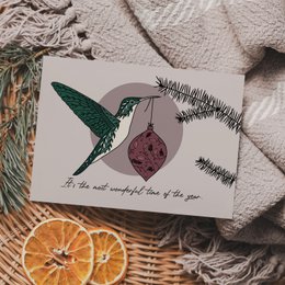 Postkarte Weihnachten Kolibri Christbaumkugel