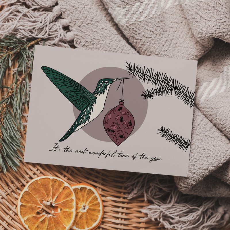 Postkarte Weihnachten Kolibri Christbaumkugel