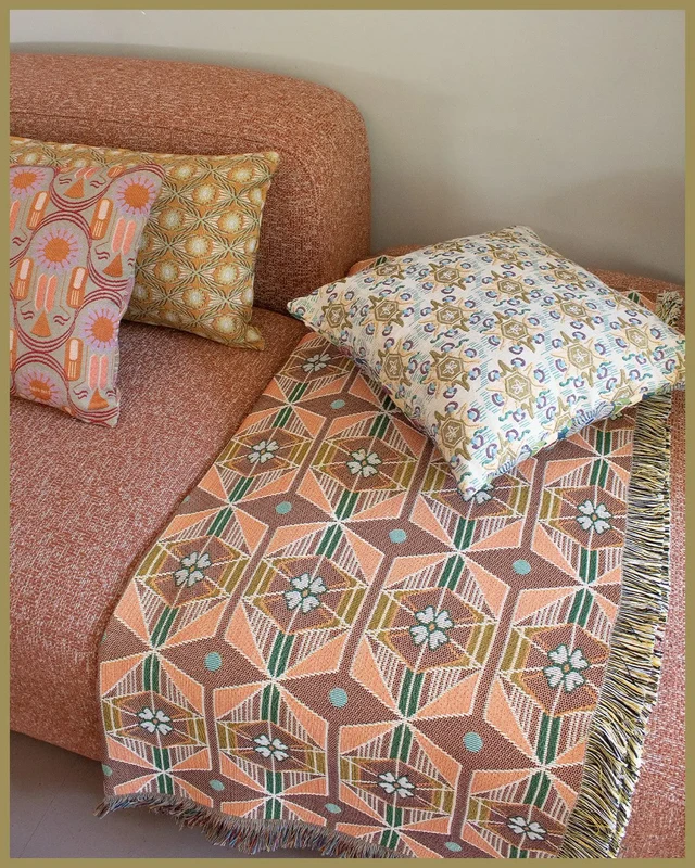 NIN-NIT Cojín Soleil Classiques | cojín decorativo con estampado de naturaleza soleada y hojas | 100% algodón tejido | verde | azul | ocre | beige | blanco | morado | multicolores | 50x50cm