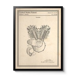 Vintage patent illustration of a Harley Davidson engine design. The image shows a detailed technical drawing of the engine components.