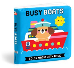 Colorful interactive bath book featuring busy boats, bright red vessel, yellow sun, playful bear character, color-changing magic pages.