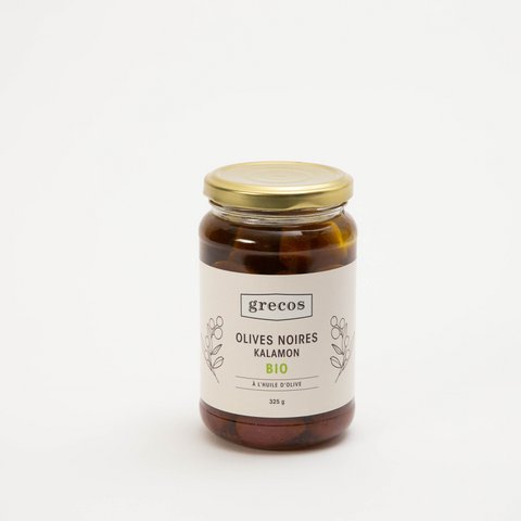KALAMATA BLACK OLIVES WITH ORGANIC OLIVE OIL - 325G GLASS JAR