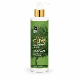 Pure olive conditioner, green bottle, gold pump dispenser, natural hair care product.
