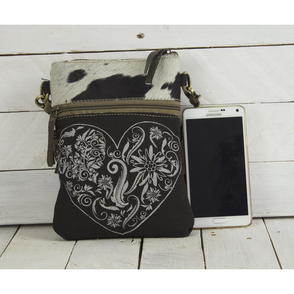 Traditionele tas van Domelo. Dames schoudertas. Dirndl schoudertas gemaakt van canvas en leer. Handtas in traditionele stijl met hartedelweissprint. Crossbodytas voor dames als Oktoberfest-accessoire.