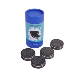 Round, blue canister with a black bear graphic and the text "Monokuma" printed on it. The canister appears to be made of plastic or a similar material.