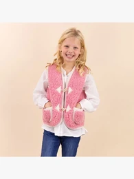 A pink, fuzzy, sleeveless cardigan for kids. Made of soft, warm material. Available in sizes 98-104, 110-116, 122-128, 134-140, and 146-152.
