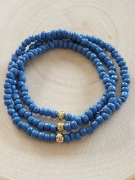 Blue beaded bracelets set, stacked layered design with gold spacer beads, elastic stretch bracelets.