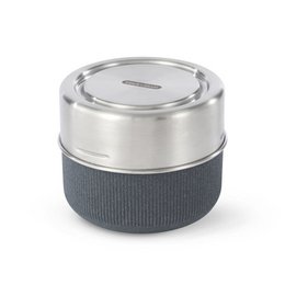 Large glass lunch pot with stainless steel lid and orange silicone sleeve. Suitable for hot or cold food storage. Durable and leak-proof design.