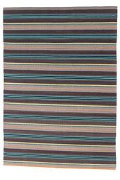 Rectangular area rug with horizontal stripes in shades of brown, turquoise, and gray. The rug has a modern, minimalist design and is suitable for use in living rooms, bedrooms, or other indoor spaces.