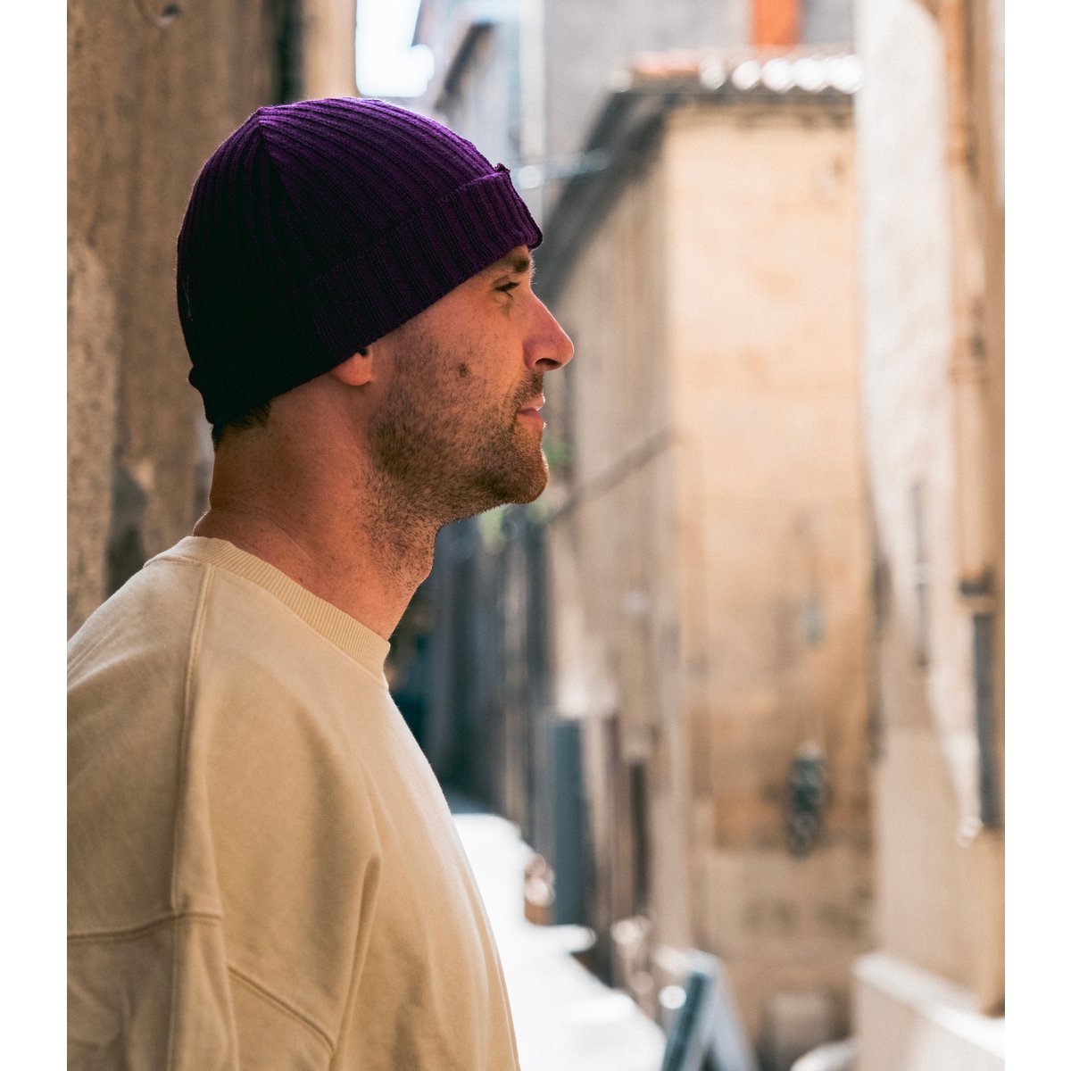Purple wool and acrylic beanie