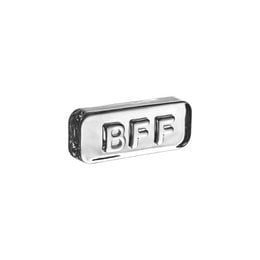 A decorative glass paperweight with the text "BFF" printed on it. The paperweight has a simple, modern design and is made of clear glass.