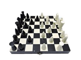 A classic black and white chess set on a wooden chessboard. The chess pieces are arranged in a strategic formation, ready for a game of chess.
