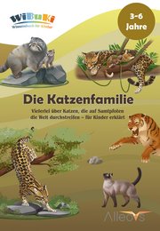 A children's book about the cat family, featuring illustrations of various cat species. The book covers information about cats that roam the world on velvet paws, suitable for children aged 3 and up.